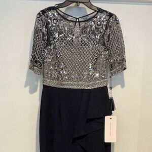 Adrianna Papell Silver and Blue Embellished Gown with Flutter Sleeves